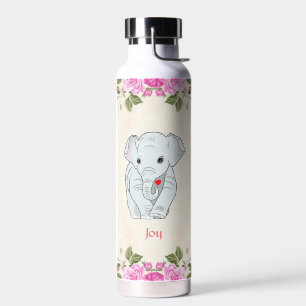 Botella de agua de elefante lindo y flores rosadas