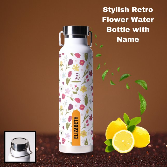 Botella de agua de flores retro con nombre (Stylish Retro Flower Water Bottle with Name)