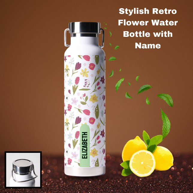 Botella de agua de flores retro con nombre (Stylish Retro Flower Water Bottle with Name)
