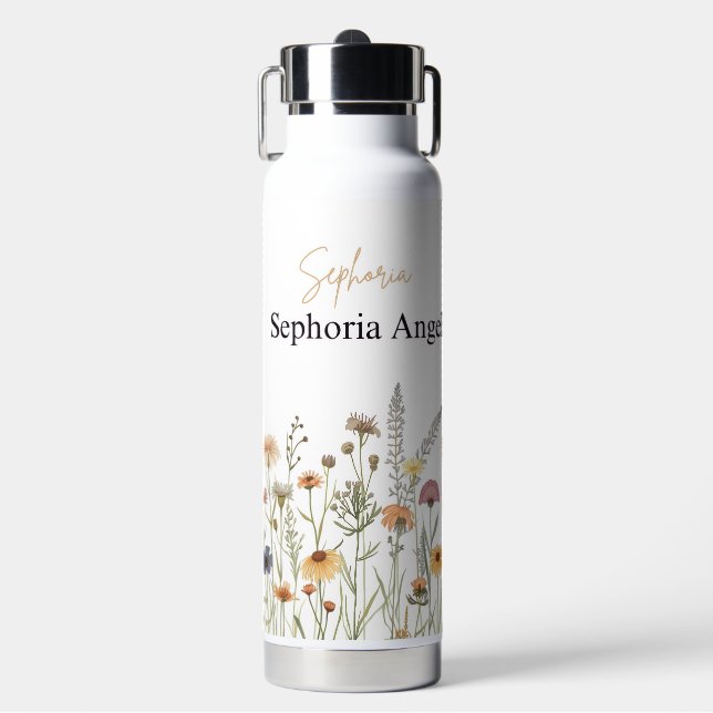 Botella de agua de flores silvestres Boho con nomb (Frente)