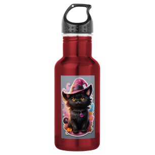 Botella de agua de gato bruja rosa de Halloween