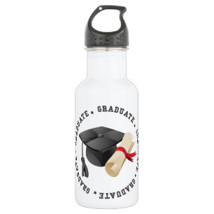 Botella de agua de gorra de graduación y título
