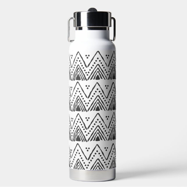 Botella de agua de la etnia Boho - Blanco y negro (Frente)