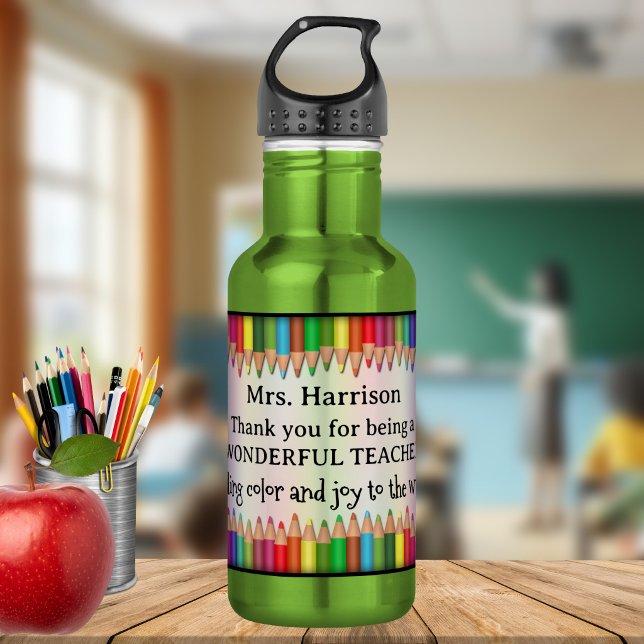 Botella de agua de lápices coloridos de agradecimi (Teacher appreciation water bottle featuring a colorful border of pencils and your cheerful message)