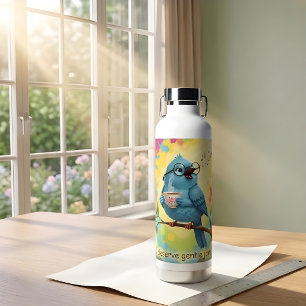 Botella de agua de pájaro azul cantando lindo