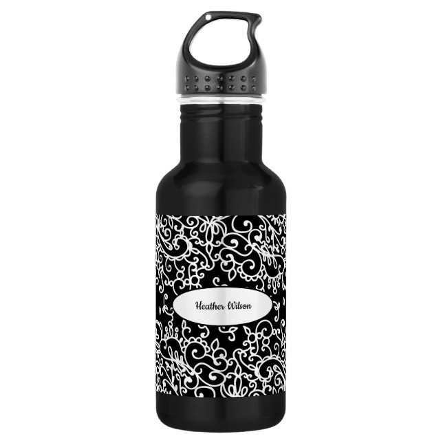 Botella de agua de Swirl blanca negra con nombre (Anverso)