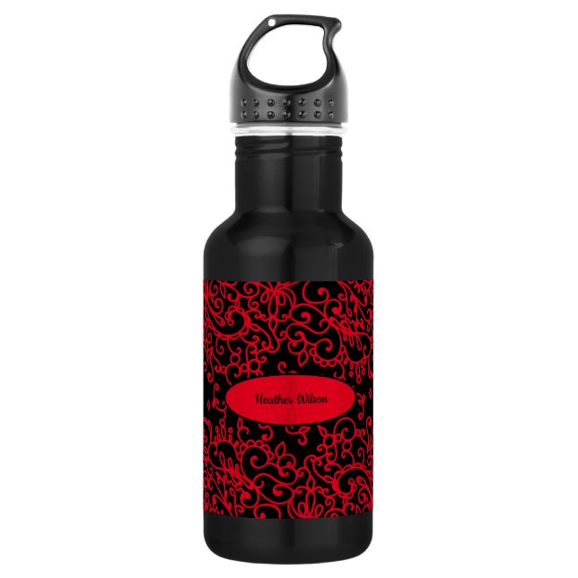 Botella de agua de Swirl Roja negra con nombre (Anverso)