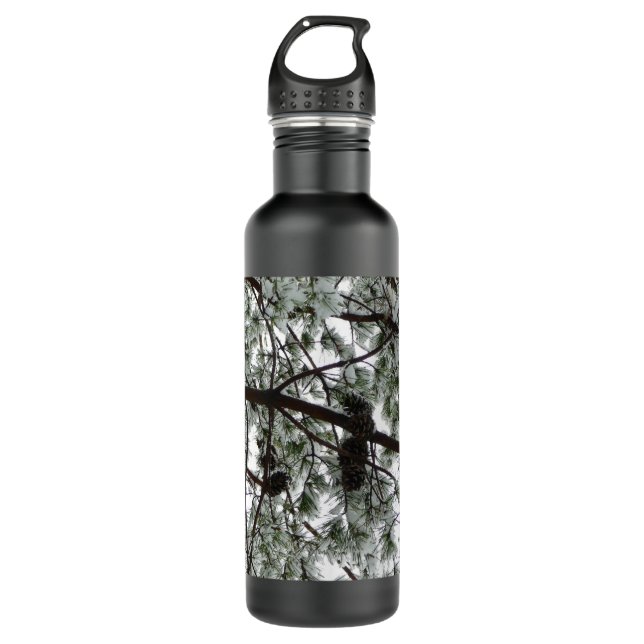 Botella De Agua Debajo de la foto del invierno de un pino cubierto (Anverso)
