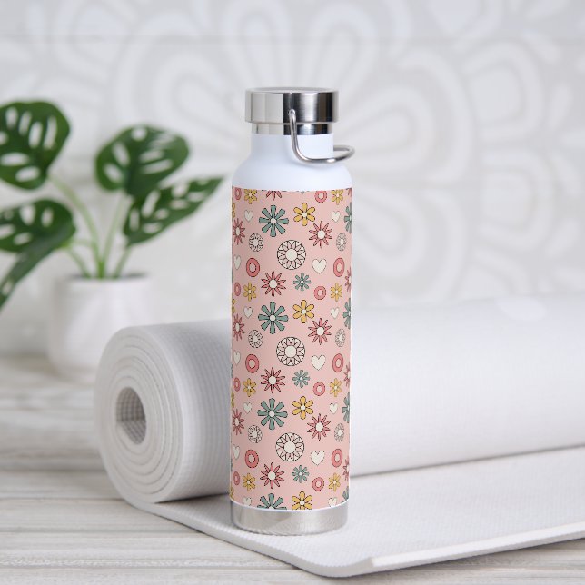Botella de agua del patrón de flor y corazón retro (Yoga)