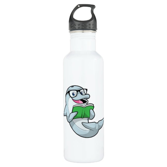 Botella De Agua Delfín como nerd con lentes y libro (Anverso)
