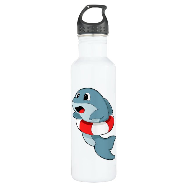 Botella De Agua Delfín en Natación con anillo de natación (Anverso)