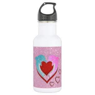 Botella De Agua Delfines azules rosados cortos sosteniendo un cora
