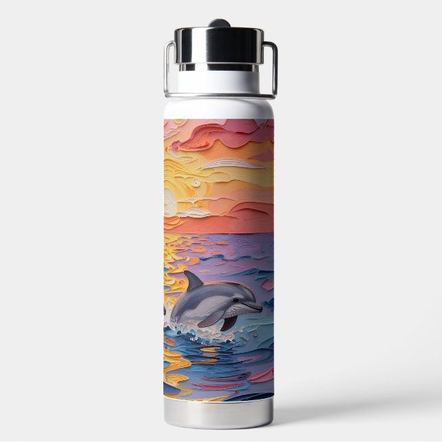 Botella De Agua Delfines y olas del océano con impasto   (Reverso)