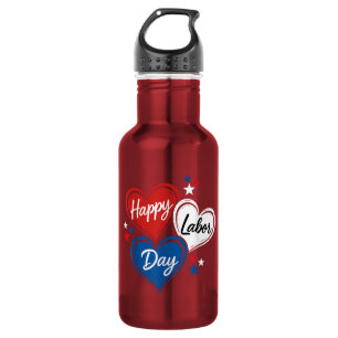Botella De Agua Día Feliz del Trabajo Corazones Patrióticos Rojo B