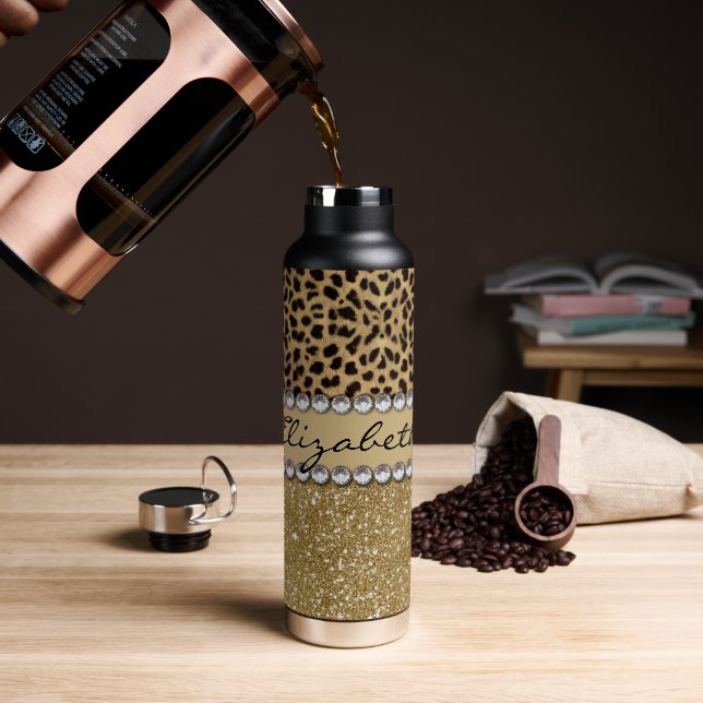 Botella De Agua Diamante de imitación del Purpurina Leopard Spot G (Café)