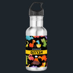 Botella De Agua Dinosaurio personalizado hebreo<br><div class="desc">Esta bonita y colorida botella de agua es divertida y fresca. Los dinosaurios amigables de colores vivos son siempre un favorito para regresar a la escuela y los nombres de sus hijos HEBREW e inglés front & center harán de su primer día de vuelta en la escuela un súper especial!...</div>