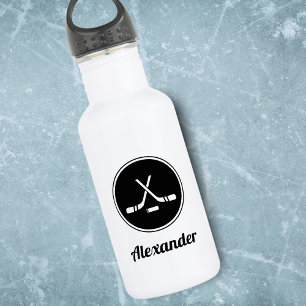 Botella De Agua Diseñadores de hockey blanco y negro nombran depor
