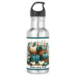 Botella De Agua Diseño de calabaza azul-verde otoño