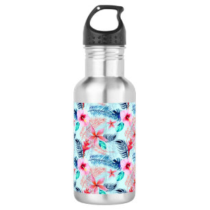 Botella De Agua Diseño de flores tropicales rosadas