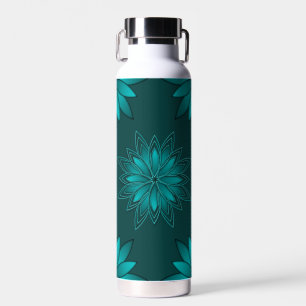 Botella De Agua Diseño de Mandala de Hoja Verde Azulada en Cian Os