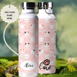Botella De Agua Diseño de nombre personalizado de gatos lindos ros