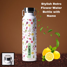 Botella De Agua Diseño de nombre personalizado floral retro elegan