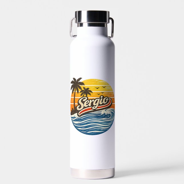 Botella De Agua Diseño de nombre Sergio Retro Sunset (Delantero)