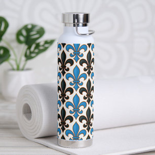 Botella De Agua Diseño de patrón barroco azul negro Flor-de-lis