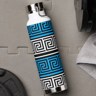 Botella De Agua Diseño de patrón de llave griega azul negro blanco