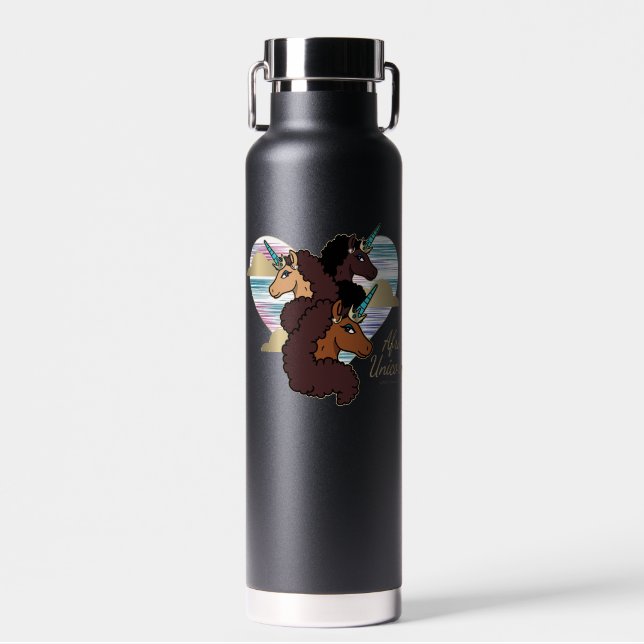 Botella De Agua Diseño del corazón del trío Afro Unicornio (Delantero)