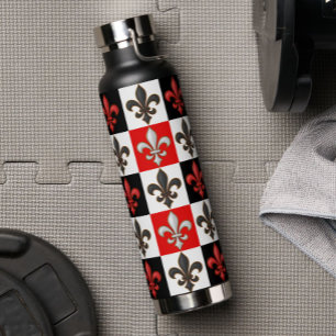 Botella De Agua Diseño Fleur-de-lis con cuadros blancos rojos