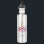 Botella De Agua Diseño floral de la acuarela de la cara hermosa<br><div class="desc">Diseño floral de la diversión del unicornio de la acuarela colorida hermosa de la cara. El regalo perfecto para el chica en su vida con este ilustracion y espacio hermosos del unicornio de la acuarela a personalizar. Parte de una colección.</div>