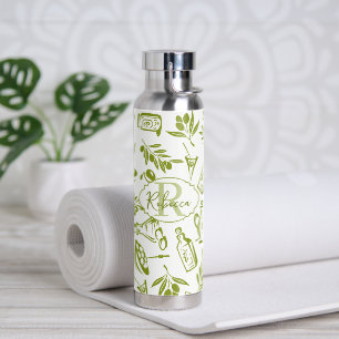 Botella De Agua Diseño moderno con monograma de hoja de olivo verd