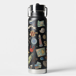 Botella De Agua Divertido diseño náutico de playa costera en negro
