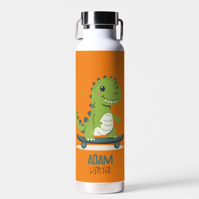 Botella De Agua Divertido Skateboarding Dinosaur Con Nombre Para N (Delantero)