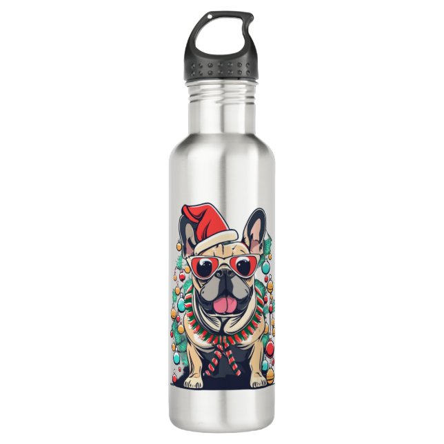 Botella De Agua Divertidos Navidades de árboles de perros Bulldog  (Anverso)
