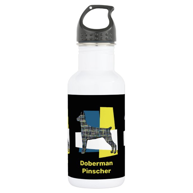 Botella De Agua Doberman Pinscher Dog Yellow & Blue Grid (Anverso)