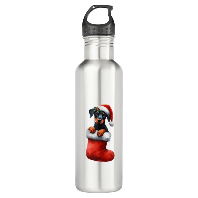 Botella De Agua Doberman Pinscher En Navidades De Muerte Santa Hat (Anverso)