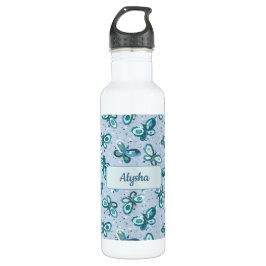 Botella De Agua Doodle Bugs Butterflies - blue - custom name kids.