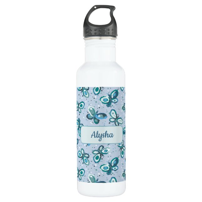 Botella De Agua Doodle Bugs Butterflies - blue - custom name kids. (Anverso)