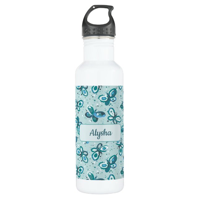 Botella De Agua Doodle Bugs Butterflies - turquoise - birthday. (Anverso)