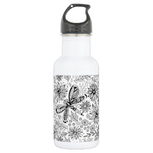 Botella De Agua Doodle de libélula y flores