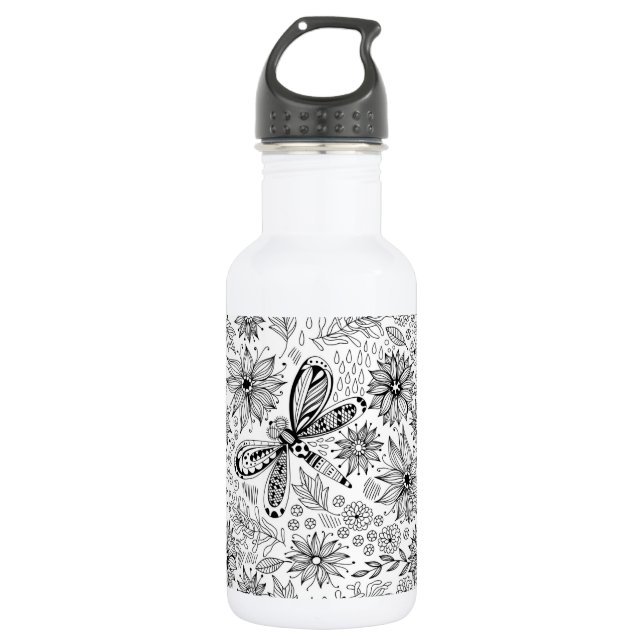 Botella De Agua Doodle de libélula y flores (Anverso)