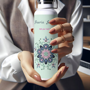 Botella De Agua Doodle de Mandala con flores de color turquesa y r