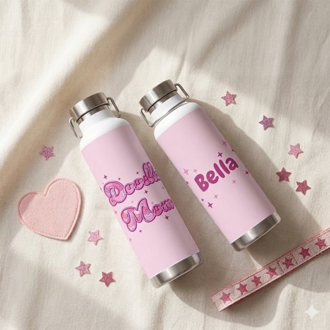 Botella De Agua Doodle Mom Pink Hearts Personalized Name (Subido por el creador)