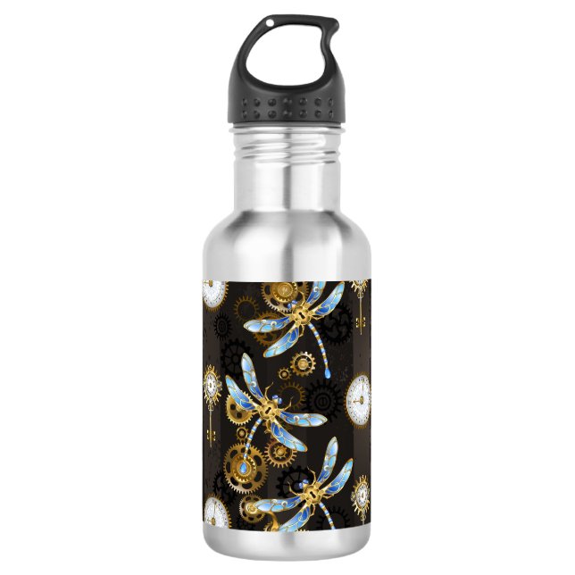 Botella De Agua Dragoniscos de Steampunk sobre fondo rayado marrón (Anverso)