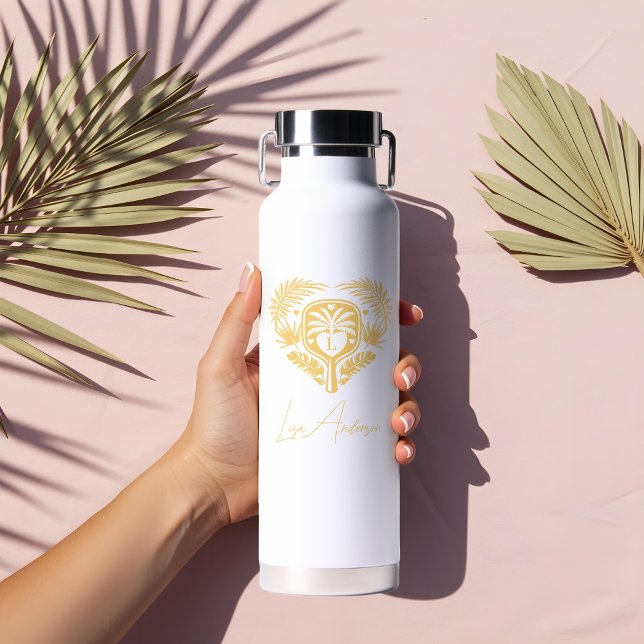 Botella De Agua Ducha de Novia de Pickleball con Palma Tropical Re (Retro Tropical Palm Tree Pickleball Bridal Shower Water Bottle)