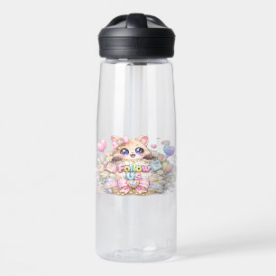 Botella De Agua Dulce Kawaii Síguenos Gato Pastel Rosa Redes Socia