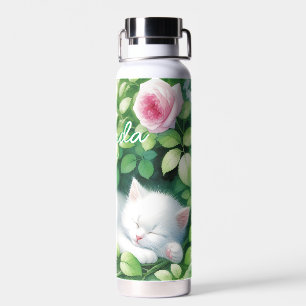 Botella De Agua Dulce Napping White Kitten bajo un Bush Rosa