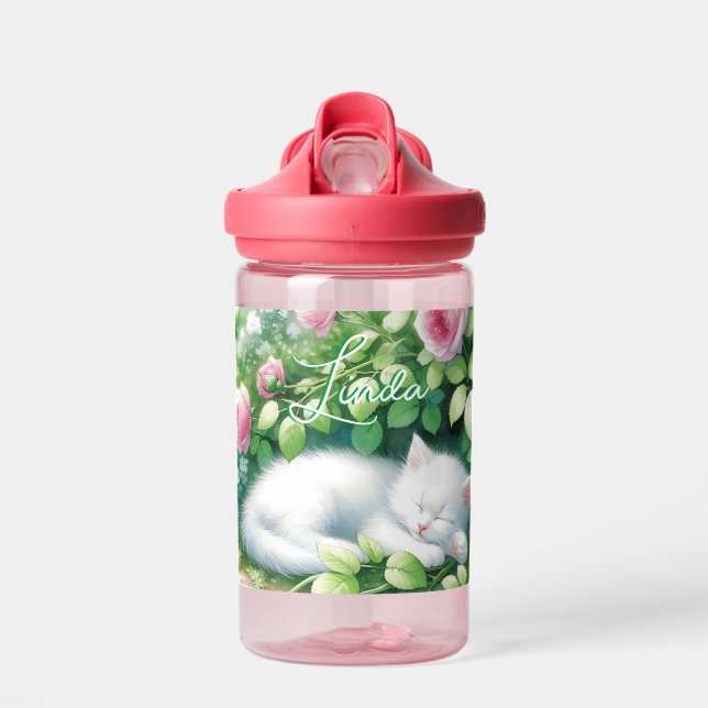 Botella De Agua Dulce Napping White Kitten bajo un Bush Rosa (Delante)